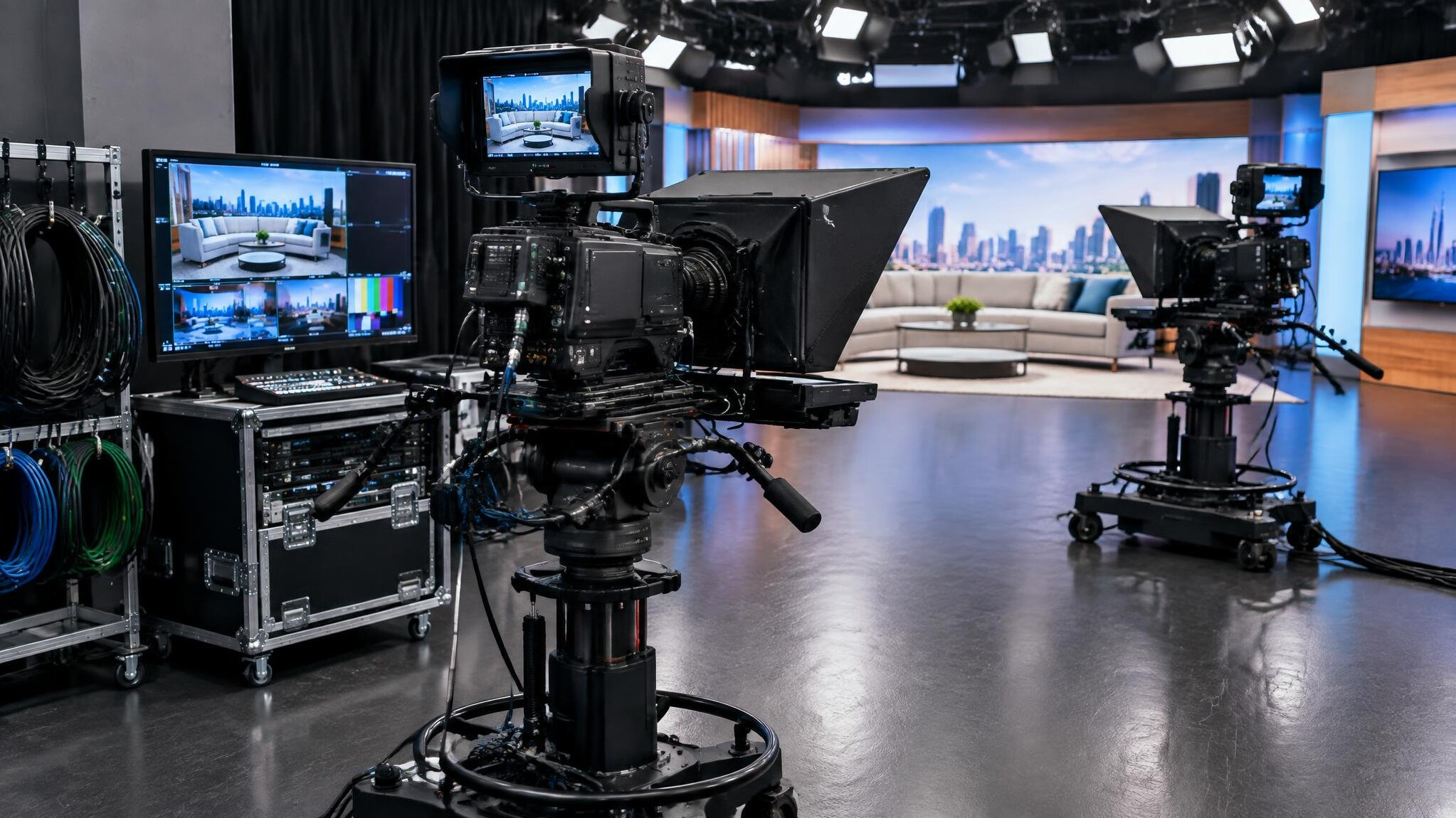 Television studio equipment including cameras and monitors
