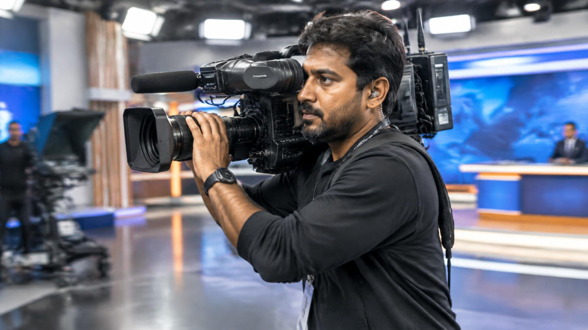 Camera operator filming with a shoulder-mounted camera