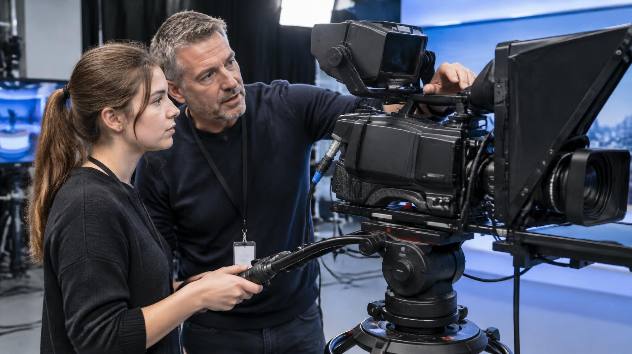 Trainer showing a student how to operate a television camera