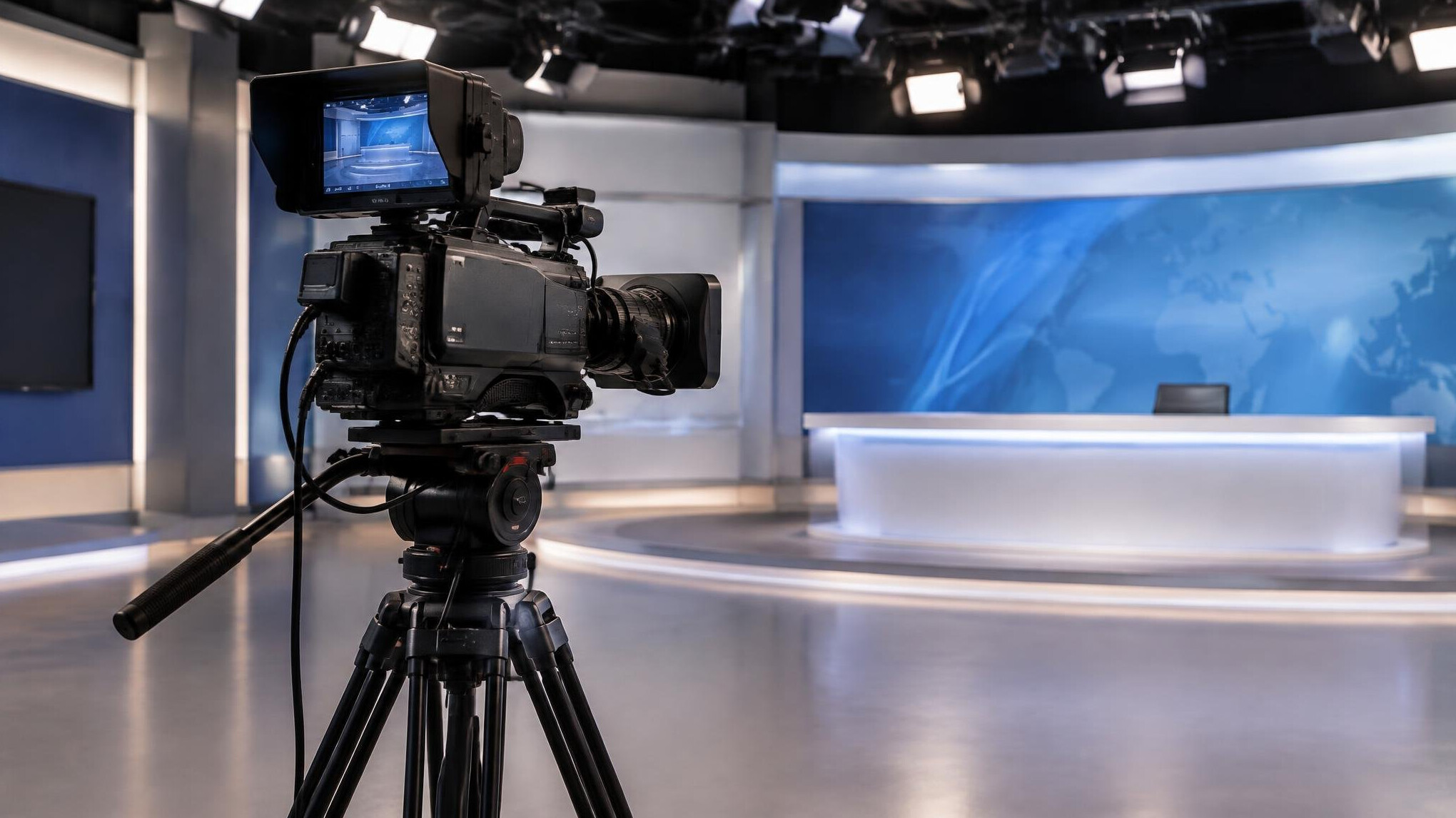 Professional broadcast camera on a tripod in a studio
